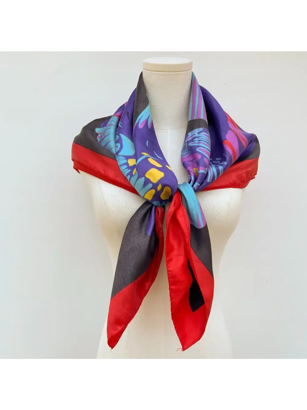 Vintage 70s 80s Satin Square Scarf Butterfly Psychedelic Colorful Dopamine